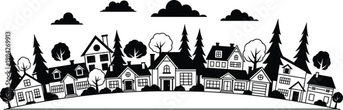 suburban neighborhood houses silhouette with trees and clouds residential area homes community landscape modern living architecture illustration design