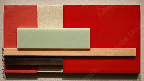 Rectangular shapes of contrasting colors and materials form a modern geometric composition.