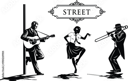 street jazz musicians performing live with dancer vintage retro style urban music culture entertainment artistic band illustration scene