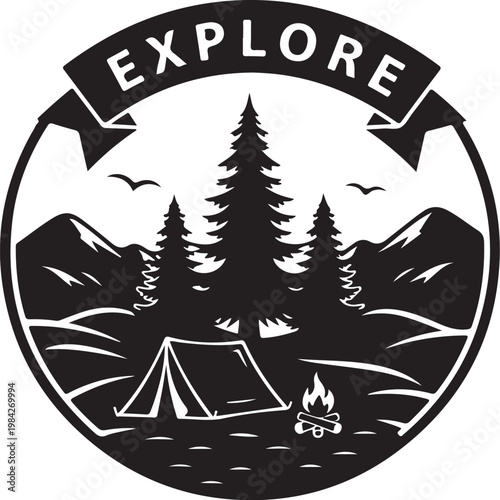 Explore, camping, outdoor adventure, nature, travel, vector icon