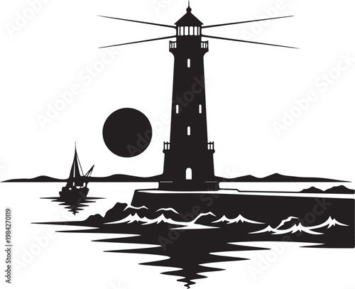 Lighthouse, black silhouette, nautical icon, vector illustration, moonlit seascape, coastal landscape