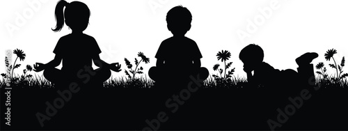children silhouette meditating and relaxing on grass with flowers outdoor peaceful mindfulness childhood activity calm playful nature environment togetherness