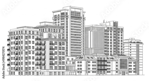 Modern Apartment Buildings Cityscape Architectural Drawing.