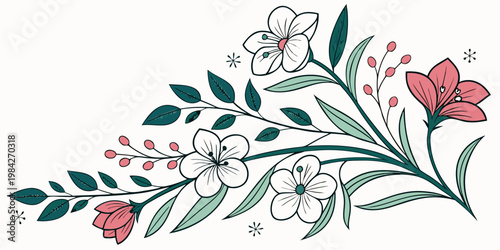 Floral arrangement illustration with delicate pink and white blossoms and leaves botanical illustration decorative ornamental minimalist composition blooming isolated