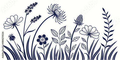 Botanical illustration featuring a variety of wildflowers and foliage wildflowers botanical illustration ornamental decorative monochrome blooming artistic