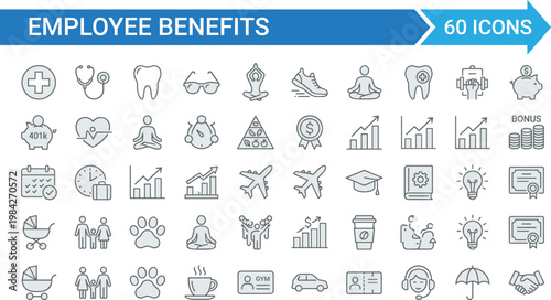60 employee benefits icons set flat design vector illustration for hr and workplace