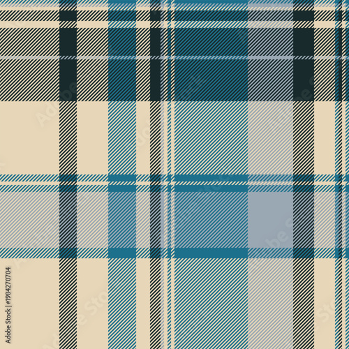 Ornamental plaid textile background, individuality tartan seamless fabric. Romance texture vector check pattern in light and cyan colors.