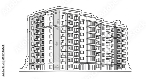 Modern Apartment Building Facade Sketch Architectural Drawing.