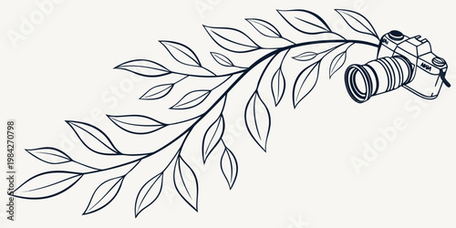 Hand drawn leafy branch with dslr camera illustration photography photographer botanical illustration monochrome creative decorative stylized isolated template