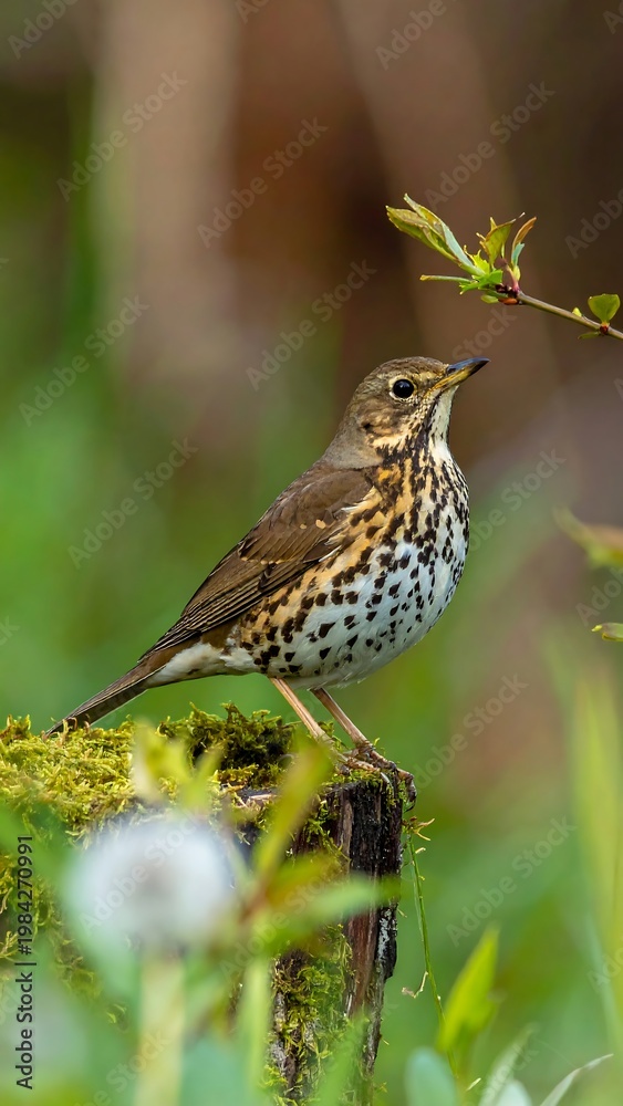 Fototapeta premium A small brown bird perched on a mossy log