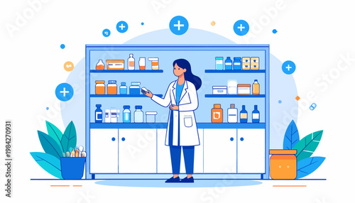 Professional female pharmacist providing expert healthcare advice and managing medication inventory in a well-stocked modern pharmacy setting