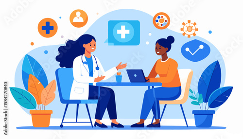 Professional female doctor provides a comprehensive medical consultation to a patient, highlighting modern healthcare practices, digital health, and patient-centered support