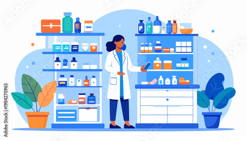 Professional female pharmacist organizing medications and health products on shelves in a modern pharmacy setting, ready to assist customers with their healthcare needs and provide expert advice