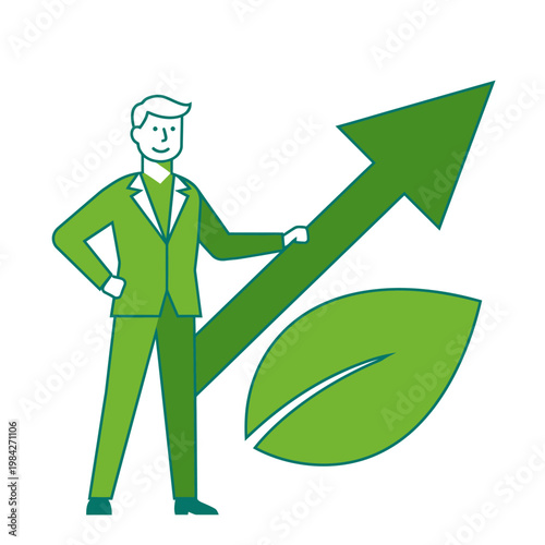 Green Business Growth A Man in a Suit with an Upward Arrow and Leaf Symbol