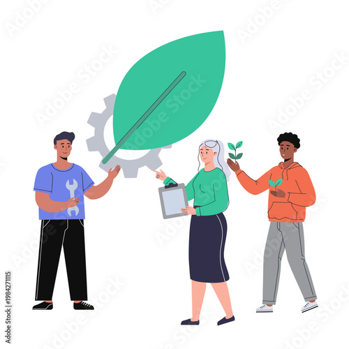 Collaboration and Growth People working together to cultivate a sustainable future with a giant leaf and gear symbolizing industry and nature