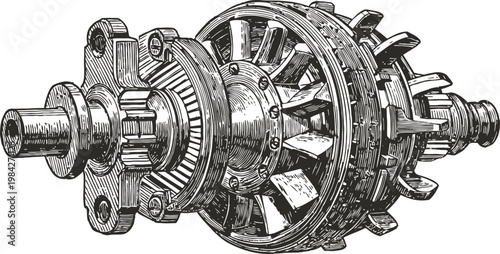 Vintage mechanical gearbox illustration with cogwheels and rotating parts detailed engineering component