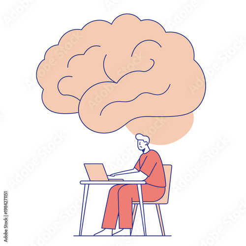 Illustration of a man sitting at a desk with a laptop, with a large brain graphic above his head, representing thoughts and ideas