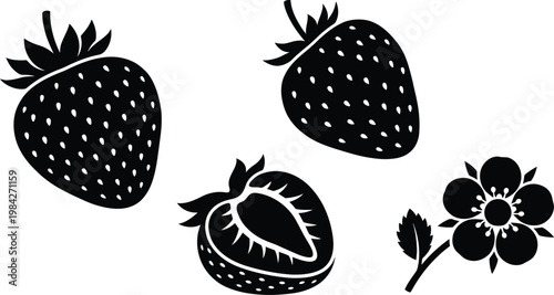 Strawberries fruit and flower vector icons silhouette in flat style.