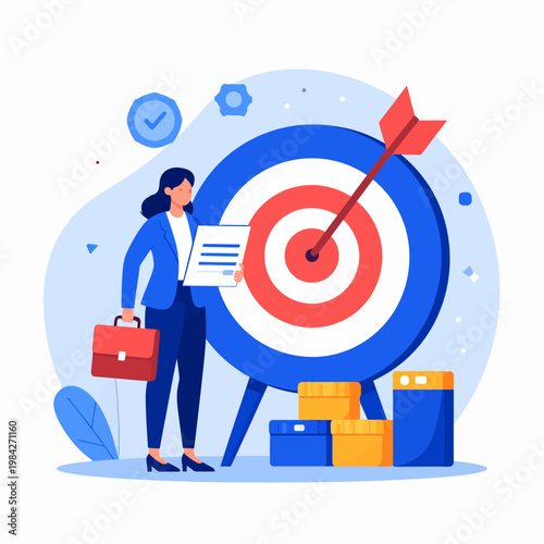 Businesswoman achieving goals by hitting bullseye on target with documents and financial assets, symbolizing success and strategic planning in professional endeavors