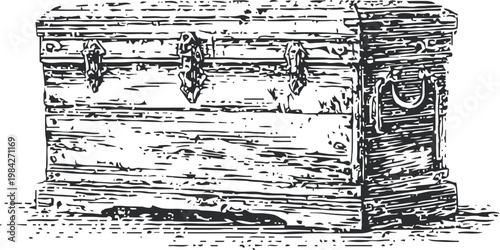 Vintage wooden chest with iron hinges and handles, antique storage box illustration