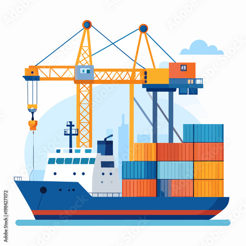 Global shipping logistics and port operations illustration. Modern container ship, heavy-duty crane, and cargo containers symbolize efficient international trade and supply chain