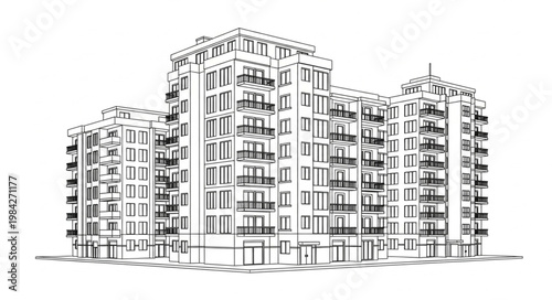 Modern Apartment Building Sketch Architectural Drawing.