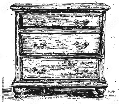 Vintage wooden chest of drawers with three handles and ornate legs, classic furniture illustration