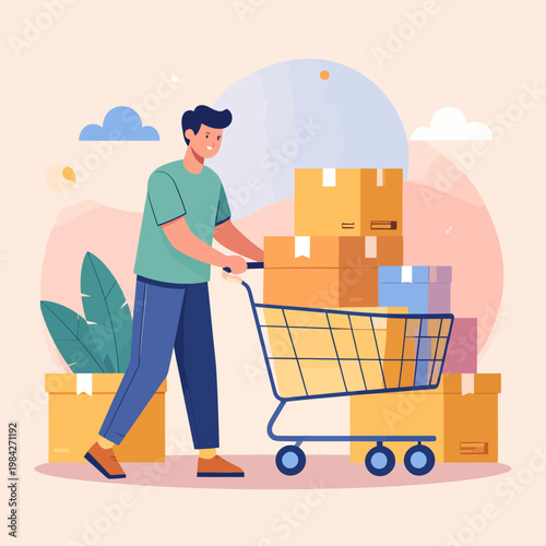 A man pushing a shopping cart full of boxes, illustrating concepts of shopping, delivery, and e-commerce logistics