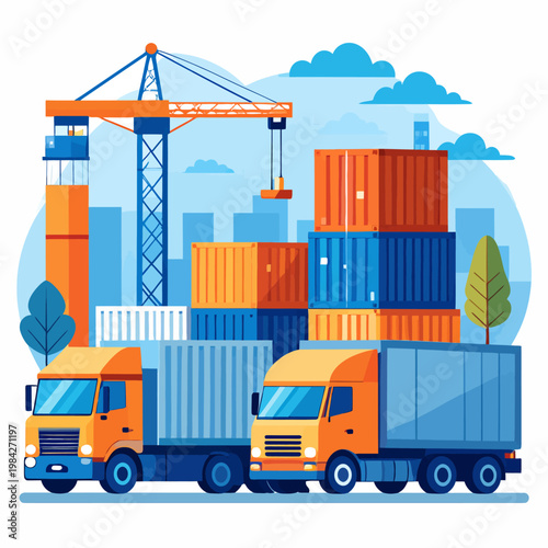 Logistics and supply chain transport with trucks and crane in a busy port or industrial zone, illustrating global shipping and delivery services