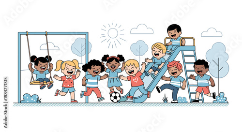 A diverse group of happy children playing together on a sunny day at a playground with a slide and swings.