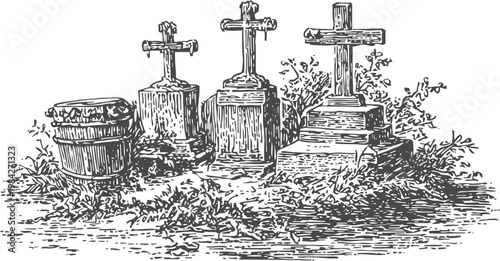 Vintage cemetery scene with three wooden crosses and a barrel surrounded by foliage
