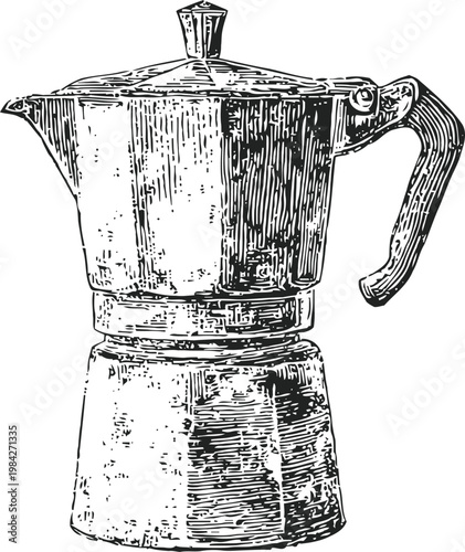 Vintage moka pot illustration classic stovetop coffee maker with handle and lid retro kitchen appliance sketch