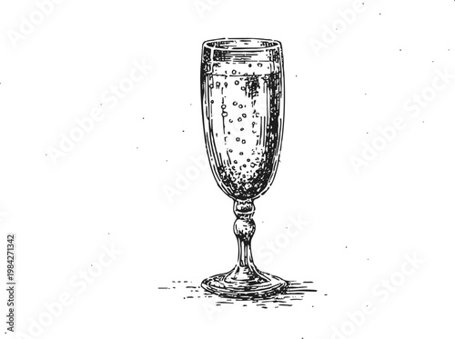 elegant champagne glass with sparkling bubbles, vintage hand drawn illustration