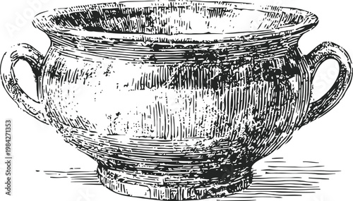 Vintage soup bowl with handles old fashioned kitchenware, rustic ceramic crock with wide rim and round base