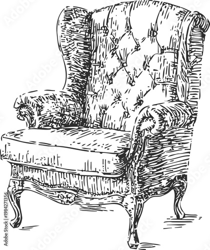 Vintage wingback armchair with tufted upholstery and ornate wooden legs, classic furniture sketch