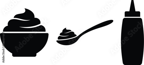 Mayonnaise sauce and mustard squeeze bottle icons in black silhouette.