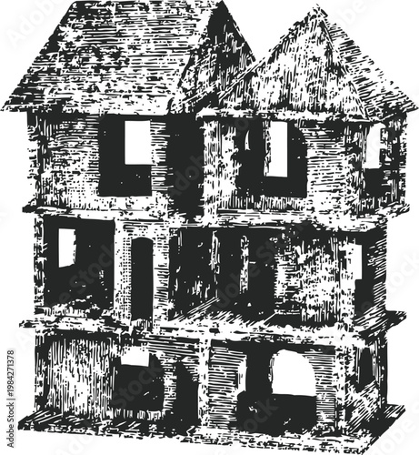 abandoned haunted house with broken windows and dilapidated structure illustration