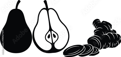 Pear fruit and ginger root silhouette collection for healthy recipes.