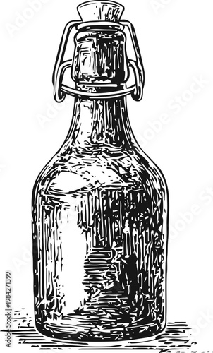 Vintage glass bottle with swing top cap hand drawn illustration of sealed container for liquids storage and preservation