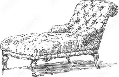 Vintage chaise lounge chair with tufted cushions and carved wooden legs