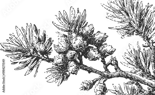 Black and white detailed illustration of pine branch with cones and needles botanical vintage drawing