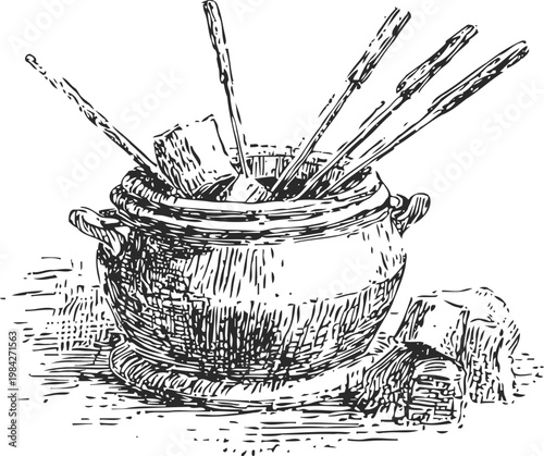 Fondue pot with skewers and cheese cubes traditional melted cheese dish with dipping sticks