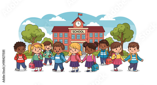 A diverse group of happy elementary school children with backpacks walking towards a school building on a sunny day.