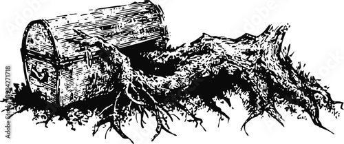 Old treasure chest half buried in earth with exposed tree roots vintage engraving