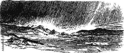 Stormy landscape with mountains, dark clouds and heavy rain, vintage ink drawing