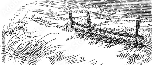 Rustic wooden fence on grassy countryside hill under windy sky landscape drawing
