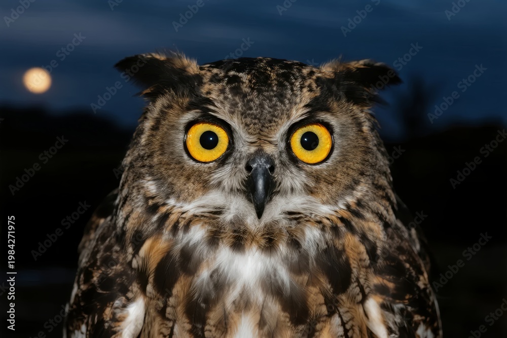 Obraz premium Close-up of a great horned owl with striking yellow eyes at night under a full moon