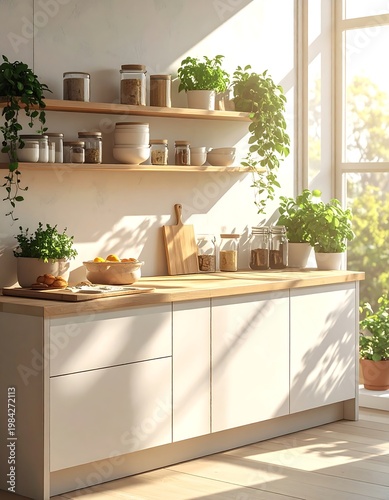 Sunny, bright kitchen with plants, wood counters, and jars on shelves