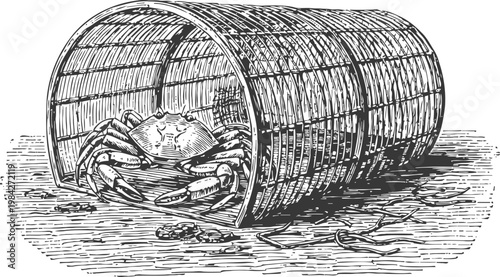 Vintage crab trap with crab inside detailed black and white engraving illustration