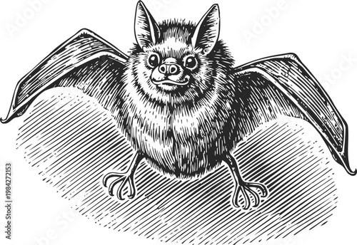 Detailed black and white engraving of a bat with outstretched wings and textured fur illustration